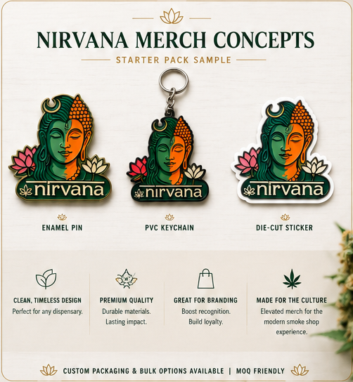 Nirvana custom enamel pin, PVC keychain, and die-cut sticker starter pack concept